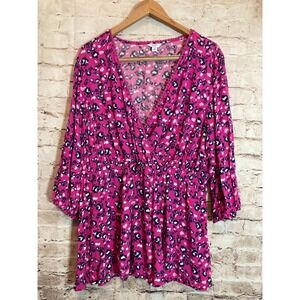 Crown & Ivy Babydoll Top Womens 2X Hot Pink Cheetah Leopard Plus Balloon Sleeve